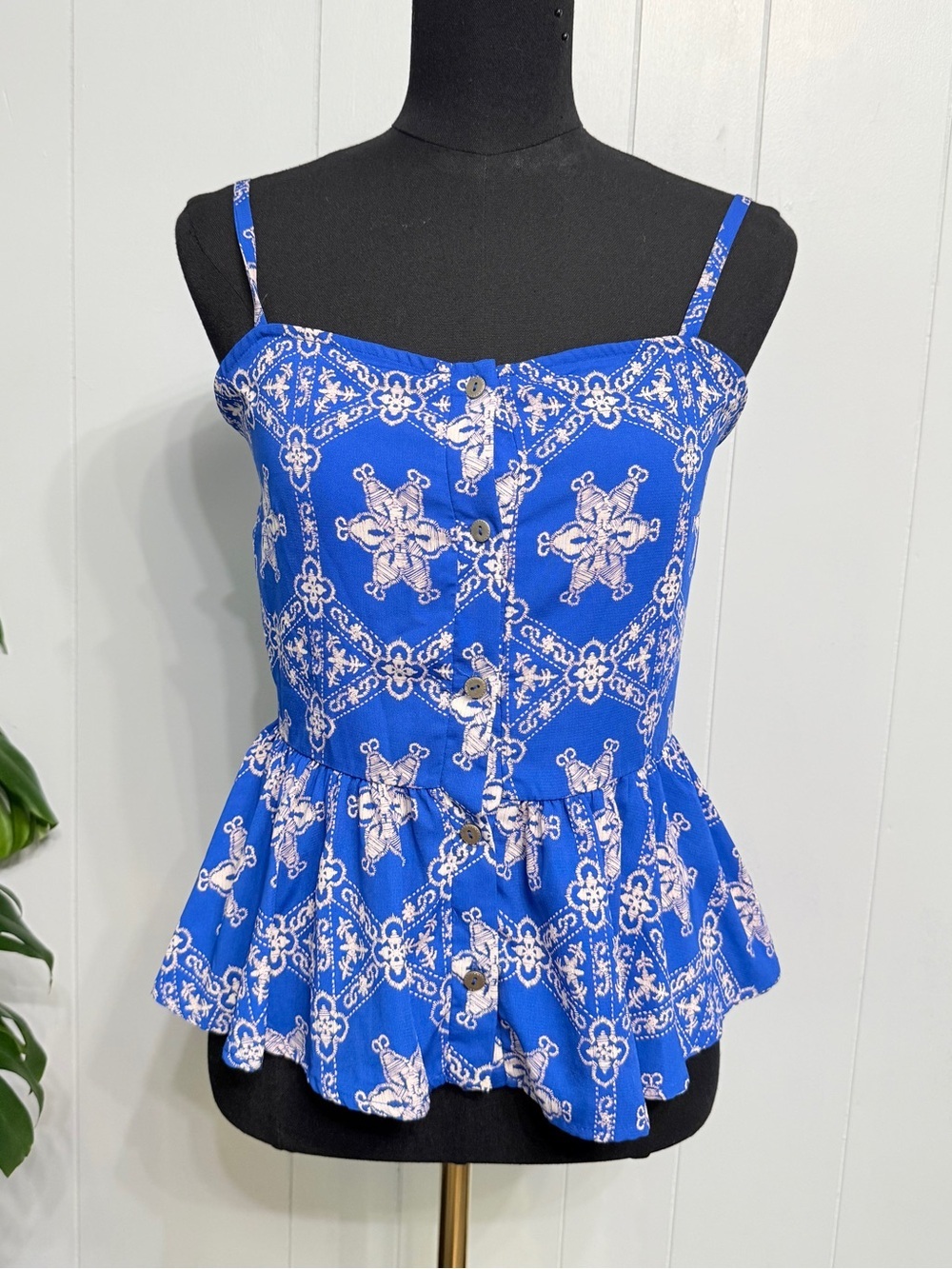 #19)  B Jewel Royal Blue Printed Button-Front Peplum Cami